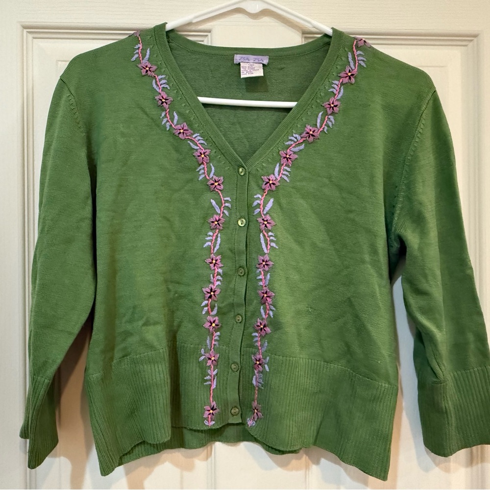 Silk Blend Green Floral Embroidered Cardigan